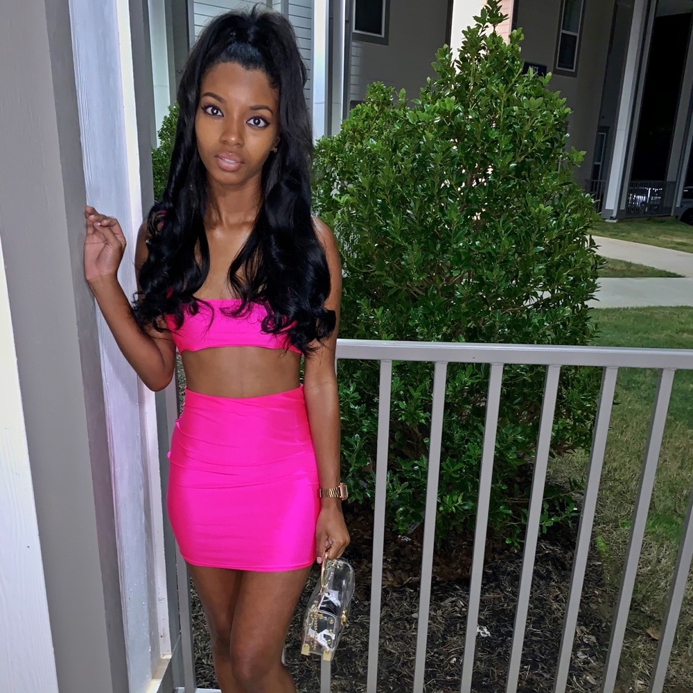 Neon pink two piece skirt set